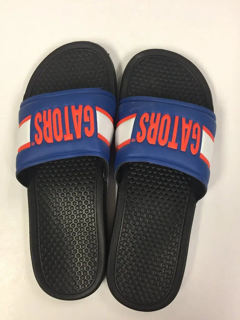 Blue, red, and white slide flip flop sandals featuring GATORS logo display