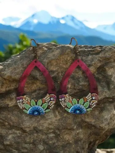 Red flower countryside reversible hallow teardrop earrings with colorful floral mandala design