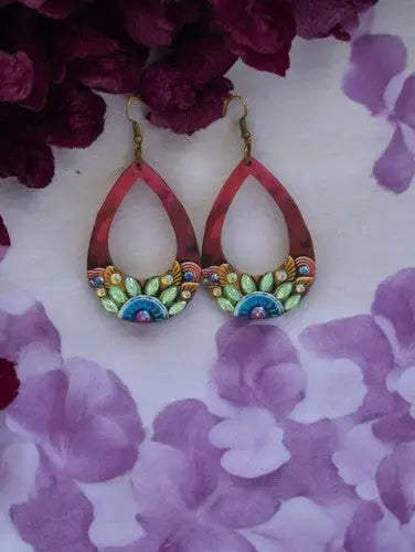Red teardrop earrings with colorful floral design in flower countryside reversible hallow style