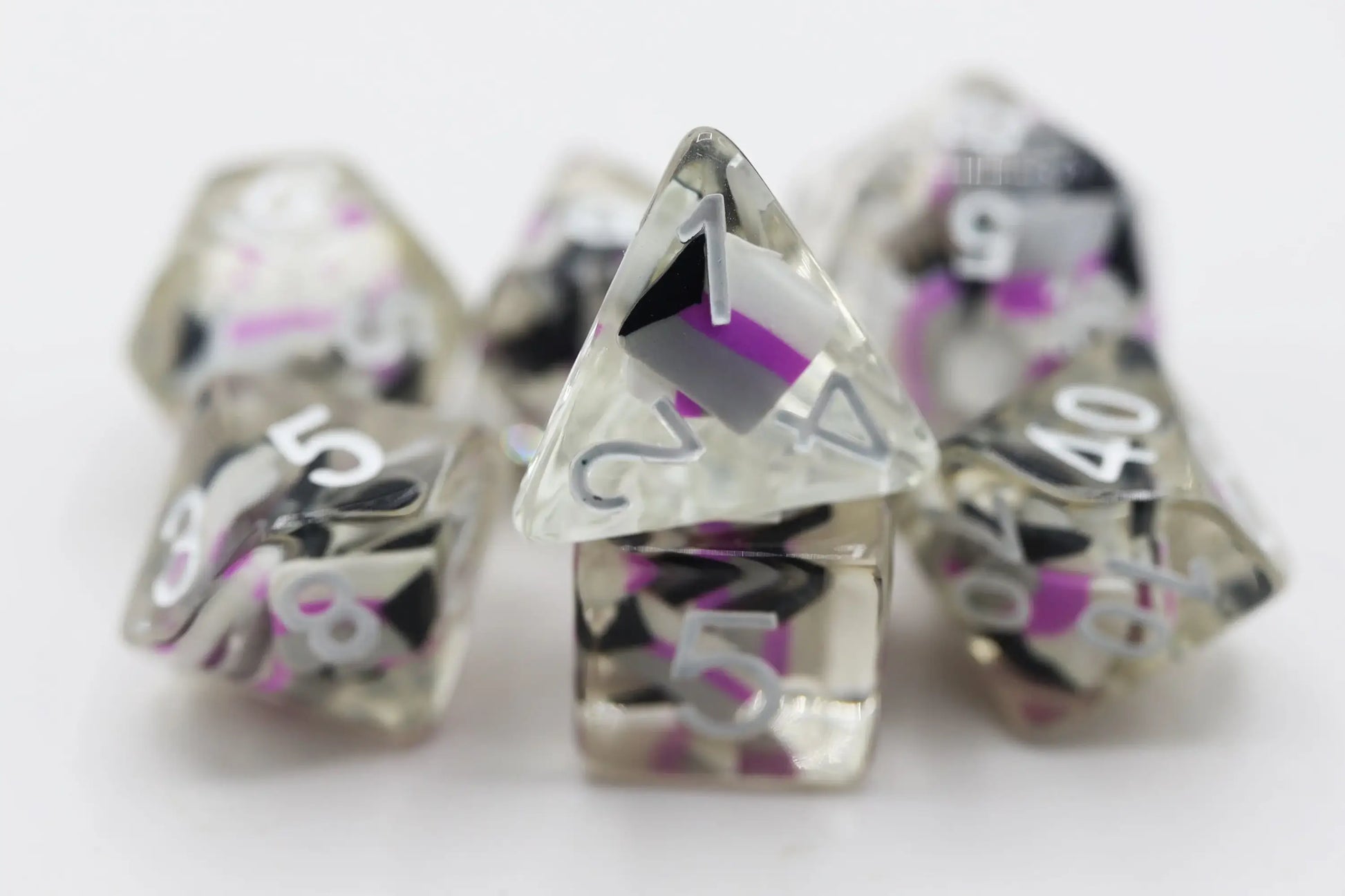 Asexual pride flag themed foam RPG dice set for Demisexual Pride celebration