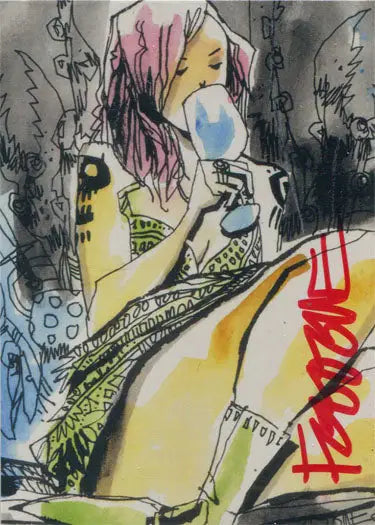 Colorful abstract sketch of a figure blowing gum on Food One 5finity Autograph Card
