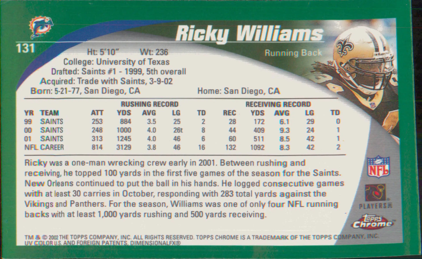 Football 2002 Topps Chrome #131 Ricky Williams - Football Card Single