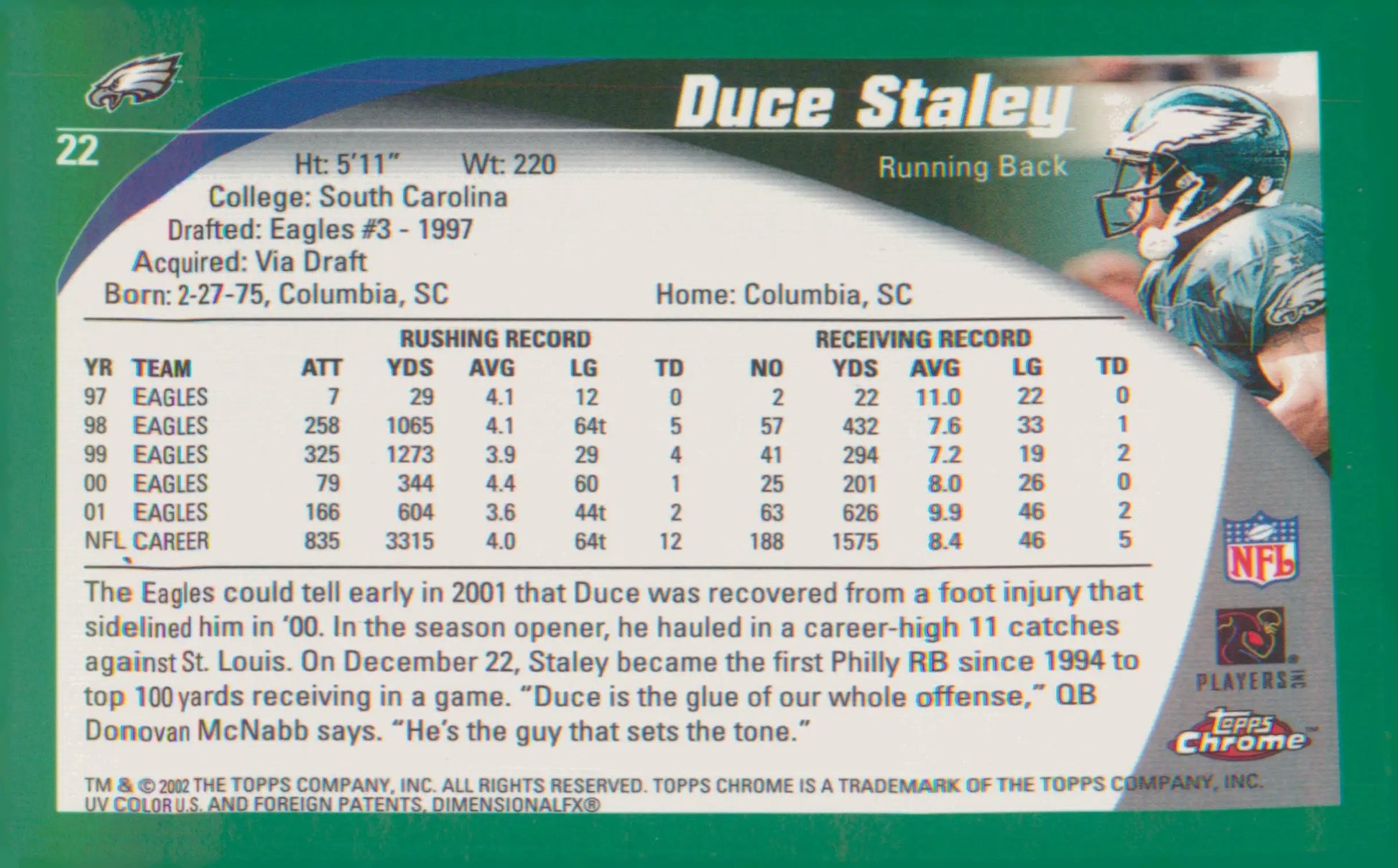Football 2002 Topps Chrome #22 Duce Staley - Football Card Single