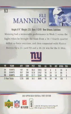 Football 2007 Upper Deck First Edition #63 Eli Manning - Football Card Single