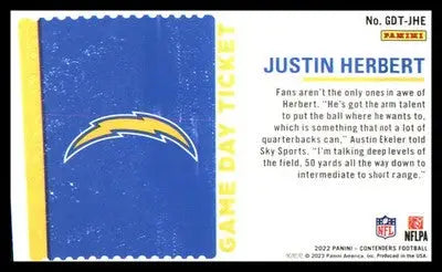 Football 2022 Panini Contenders Game Day Ticket Emerald #GDT-JHE Justin Herbert - Football Card Single