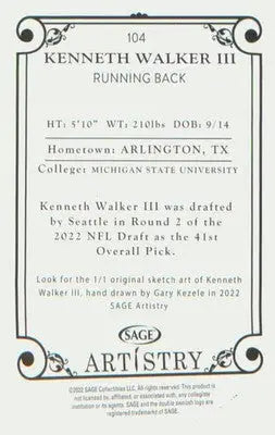 Football 2022 SAGE Artistry #104 Kenneth Walker III - Football Card Single