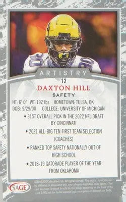 Football 2022 SAGE Artistry #12 Daxton Hill - Football Card Single
