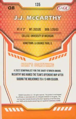 Football 2024 SAGE HIT #135 J.J. McCarthy - Football Card Single