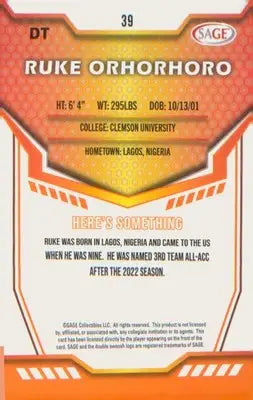 Football 2024 SAGE HIT #39 Ruke Orhorhoro - Football Card Single