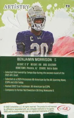 Football 2025 SAGE Artistry Red #73 Benjamin Morrison - Football Card Single