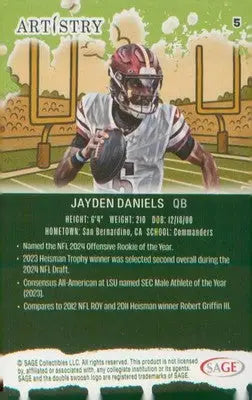 Football 2025 SAGE Artistry Silver #5 Jayden Daniels - Football Card Single