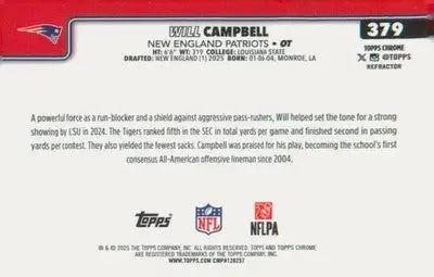 Football 2025 Topps Chrome Refractor #379 Will Campbell RC RC - Football Card Single
