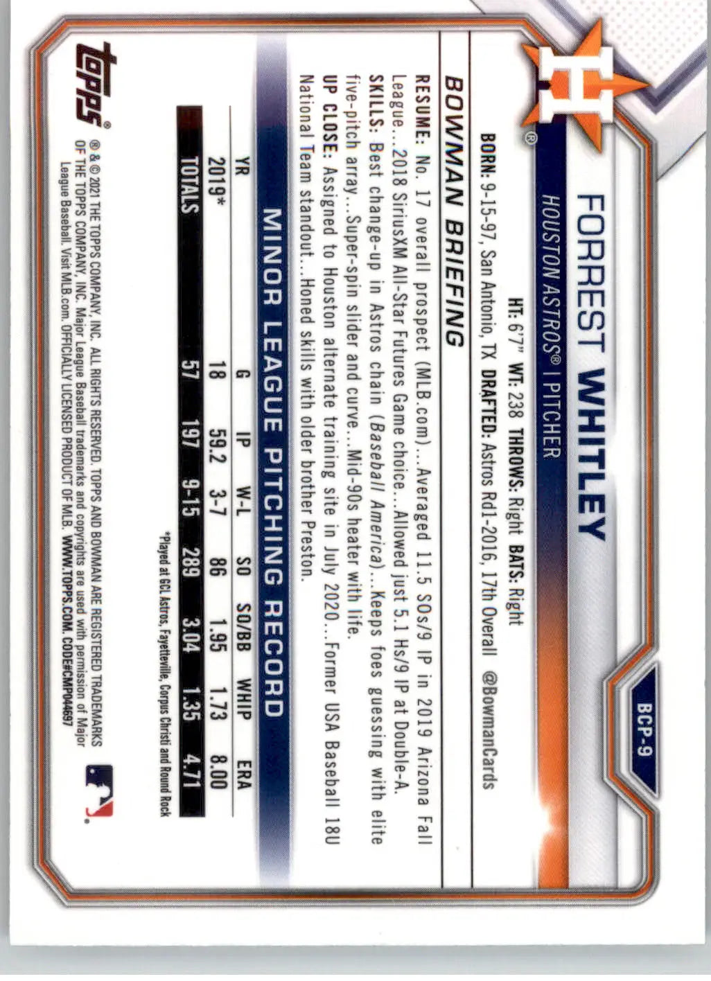 Forrest Whitley - 2021 Bowman - #BCP-9 - Chrome Prospects Mojo Refractor