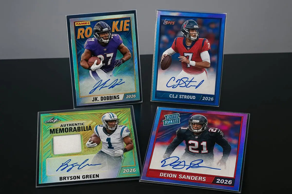 Four 2026 NFL rookie football trading cards with autographs