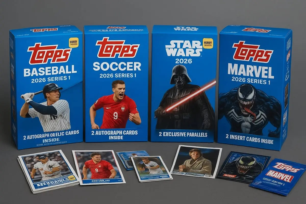 Four blue hobby box Topps cases with baseball, soccer, Star Wars, Marvel art