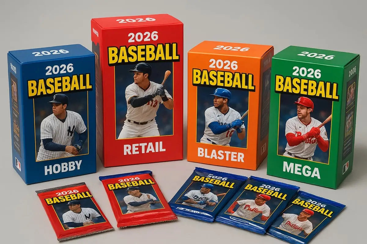 2026 baseball card boxes in blue, red, orange, green for collecting