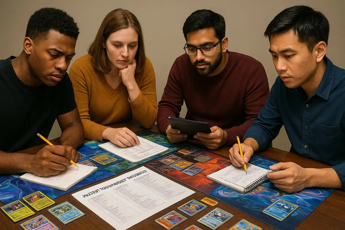 Friends playing Pokémon TCG strategies around a table with cards
