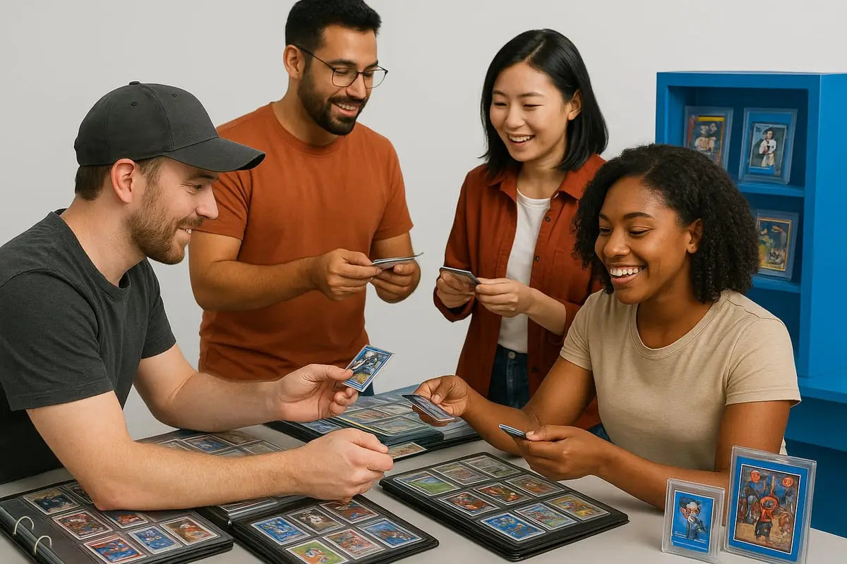 Four collectors examining trading cards in sleeves at a card show