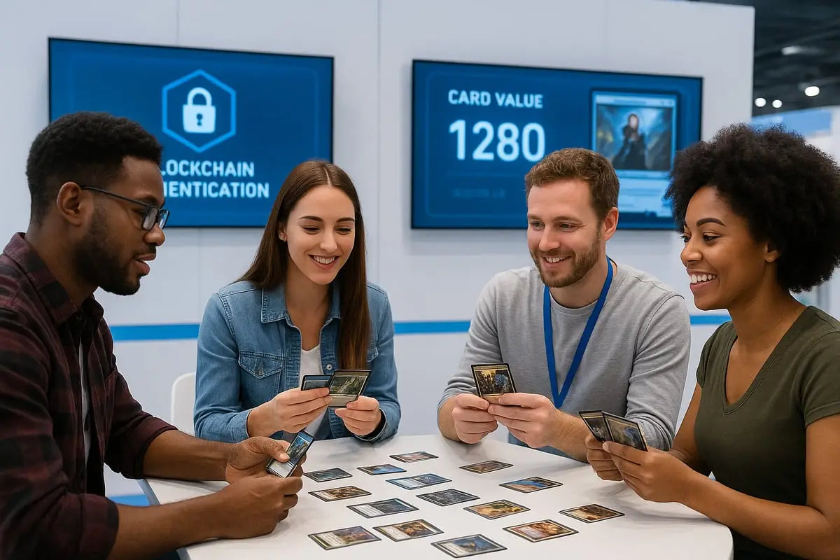 Friends trading cards at marketplace table, smiling in game