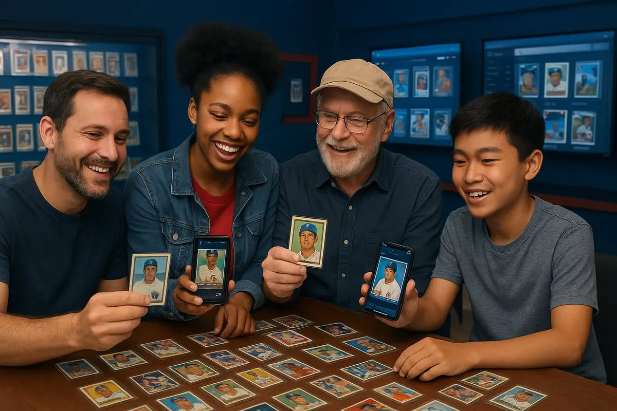 Collectors showing vintage and digital rookie cards at table