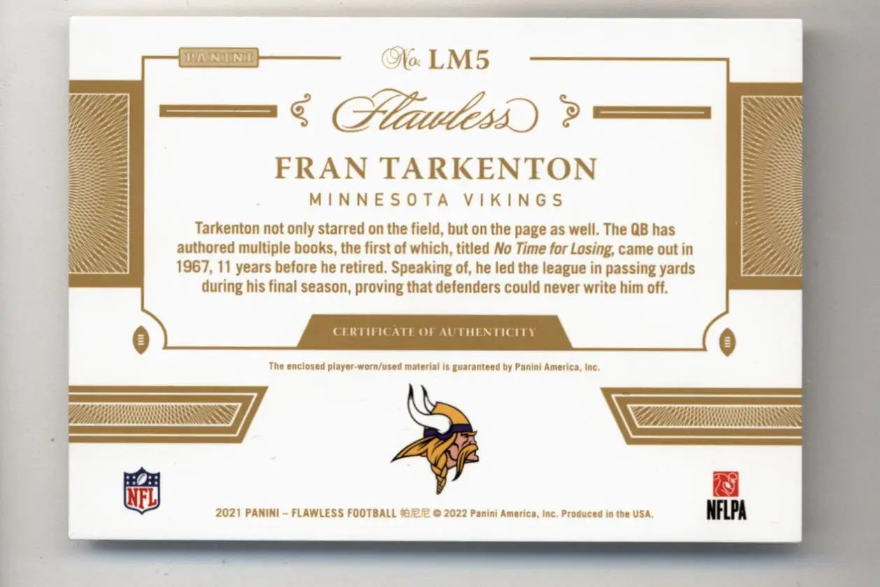 NFL trading card of Fran Tarkenton with Minnesota Vikings logo and Flawless Legendary Materials design