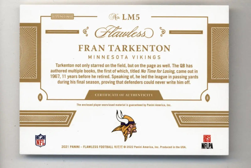 NFL trading card of Fran Tarkenton with Minnesota Vikings logo and Flawless Legendary Materials design