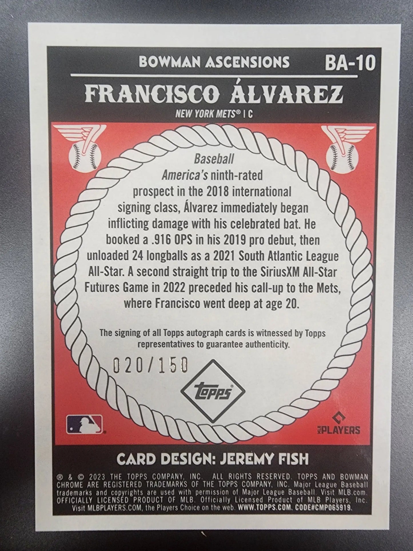 Francisco Alvarez 2023 Bowman Ascensions RC Auto #20/150 - Baseball Card Single