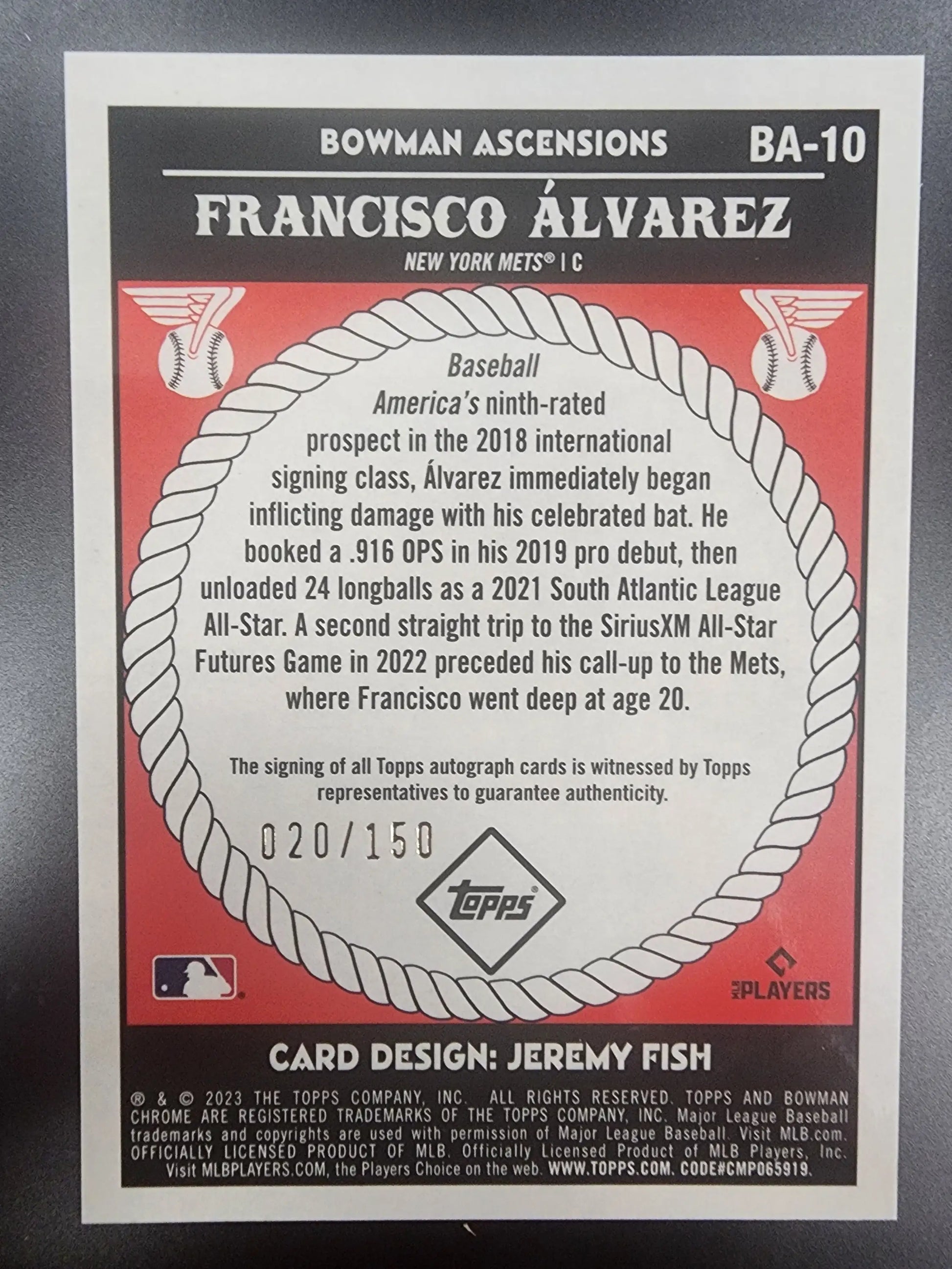 Francisco Alvarez 2023 Bowman Ascensions RC Auto #20/150 - Baseball Card Single