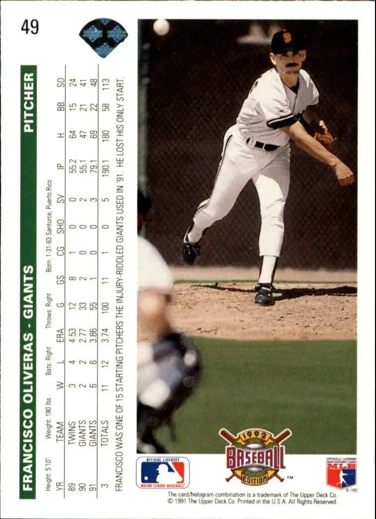 Francisco Oliveras 1992 Upper Deck MLB #49 Baseball Card San Francisco Giants