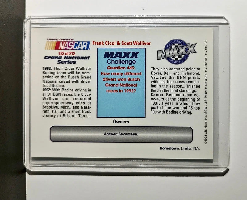 Frank Cicci / Scott Welliver 1993 Maxx Premier Plus Racing #123 NASCAR Card