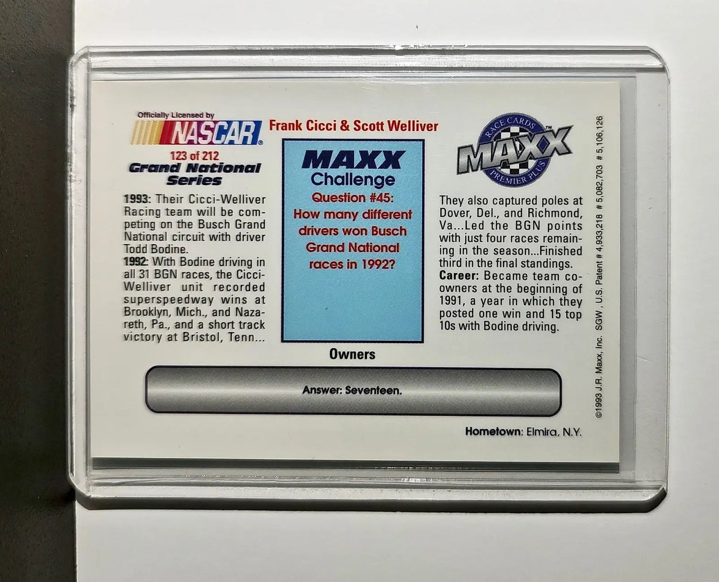 Frank Cicci / Scott Welliver 1993 Maxx Premier Plus Racing #123 NASCAR Card - Racing Card Single