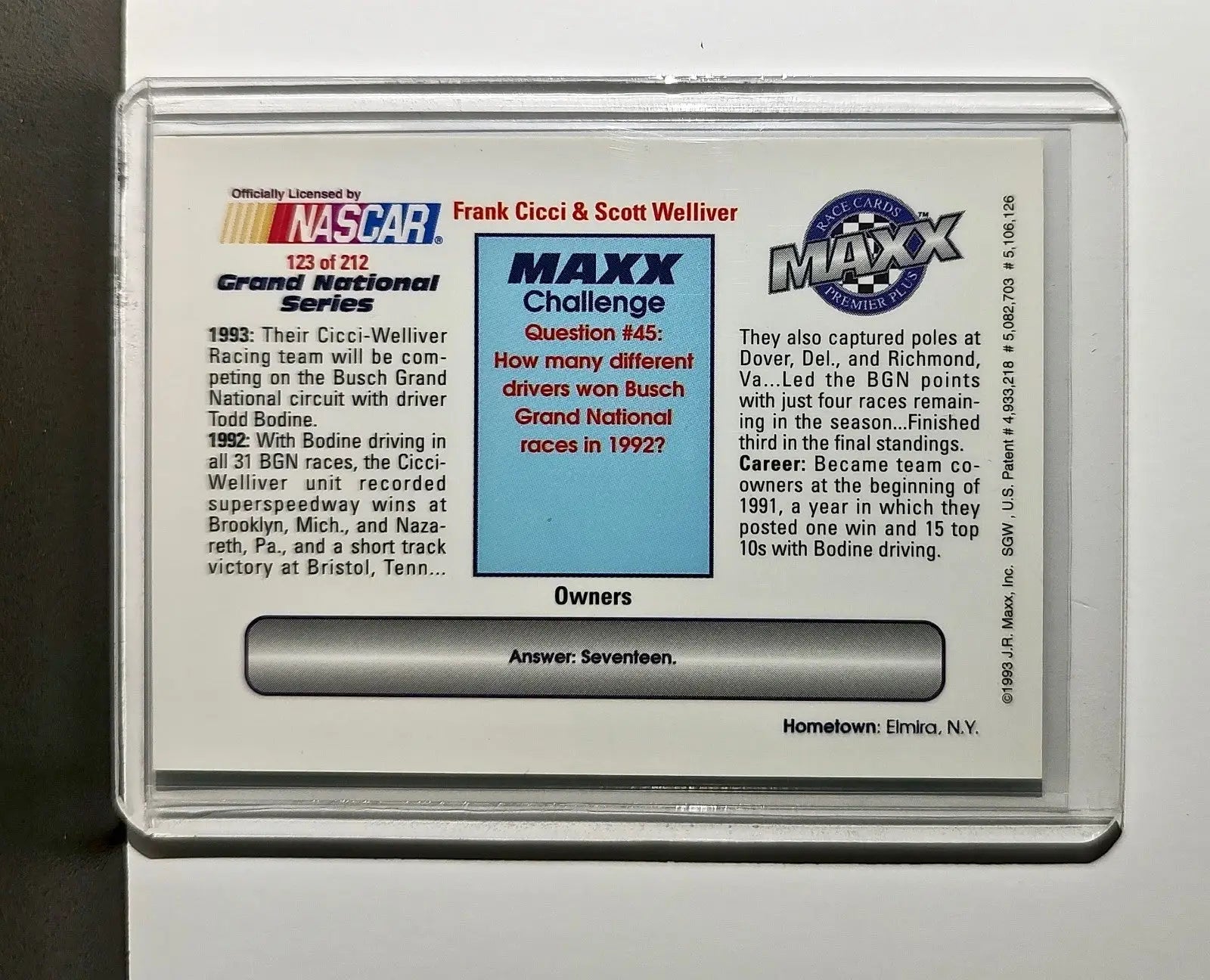 Frank Cicci / Scott Welliver 1993 Maxx Premier Plus Racing #123 NASCAR Card - Racing Card Single