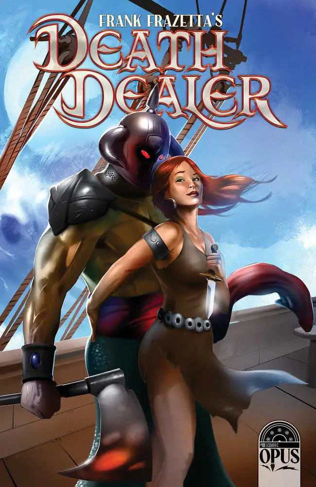 Comic book cover of Death Dealer with warrior and red-haired character for trading cards