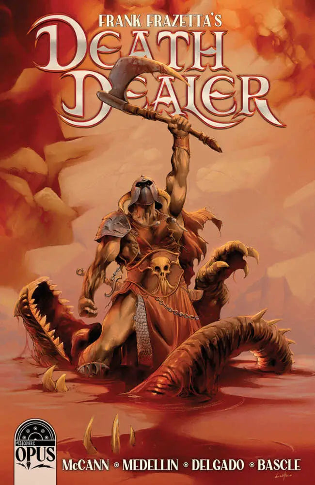 Comic book cover art of a warrior over a slain dragon for Frank Frazetta Death Dealer