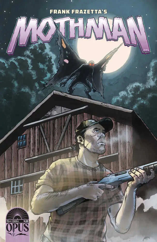 Comic book cover of Frank Frazetta Mothman #2 featuring a cryptid on a barn roof