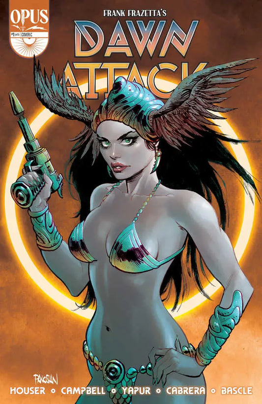 Comic book cover of Dawn Attack with a winged female warrior and futuristic weapon