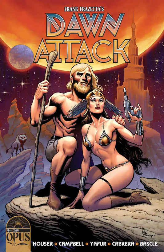 Comic book cover of Dawn Attack featuring fantasy warriors in pulp art style