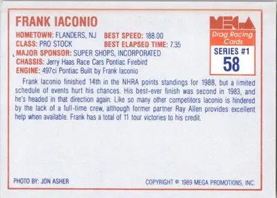 Frank Iaconio - 1989 Mega Drag - #58 - Racing - Racing Card Single