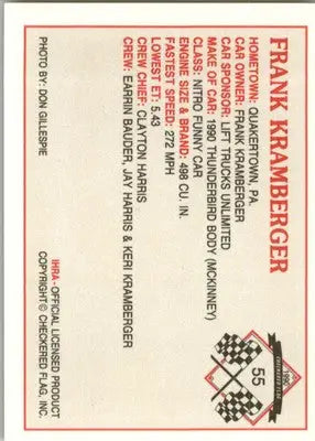 Frank Kramberger - 1990 Checkered Flag IHRA - #55 - Racing - Racing Card Single