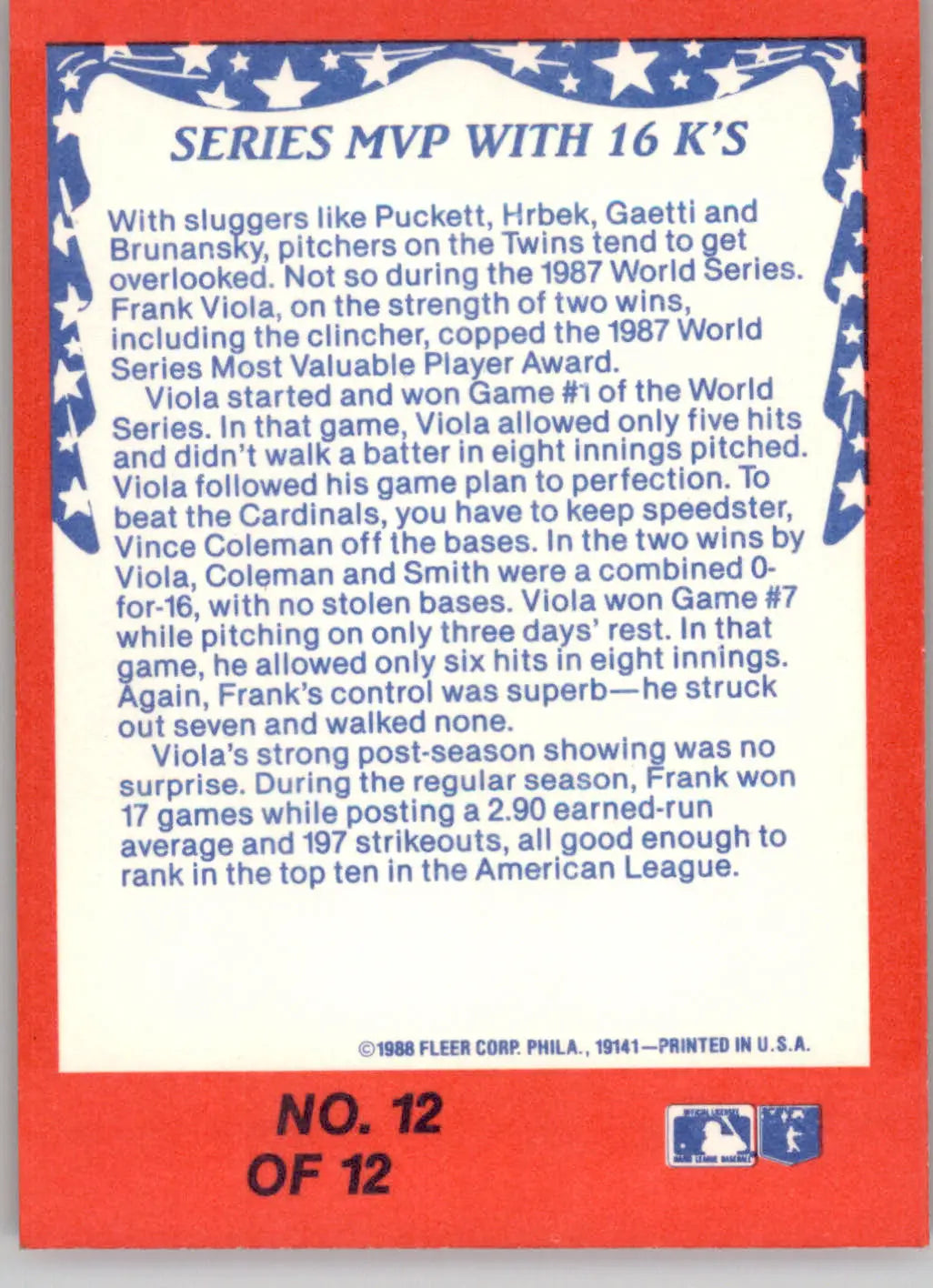Frank Viola - Series MVP with 16 K’s - 1988 Fleer - #12 - World Series - Baseball Card Single