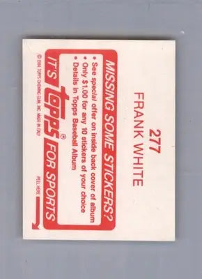 Frank White - 1984 Topps Stickers - #277 - Baseball - Baseball Card Single