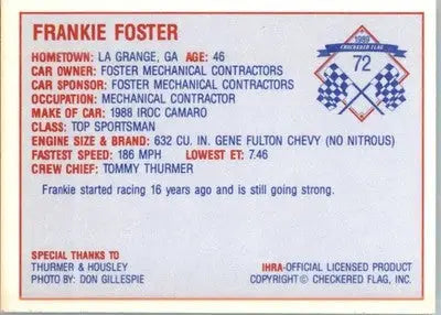 Frankie Foster - 1989 Checkered Flag IHRA - #72 - Racing - Racing Card Single