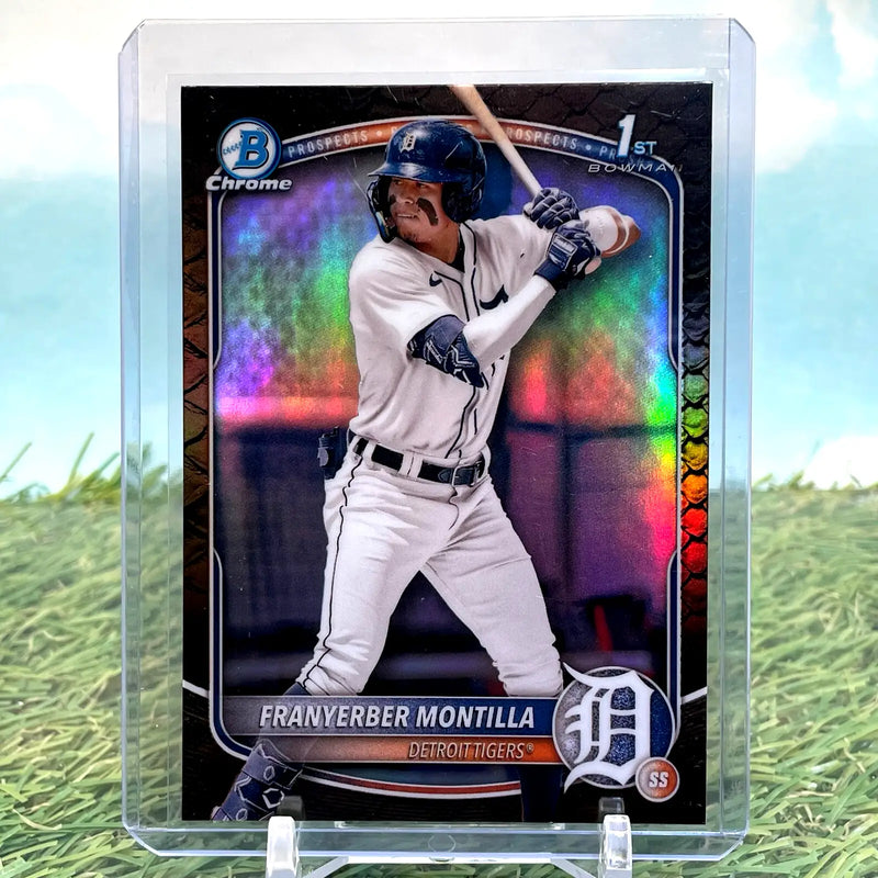 Franyerber Montilla 2025 Bowman Reptilian Refractor trading card featuring Tigers