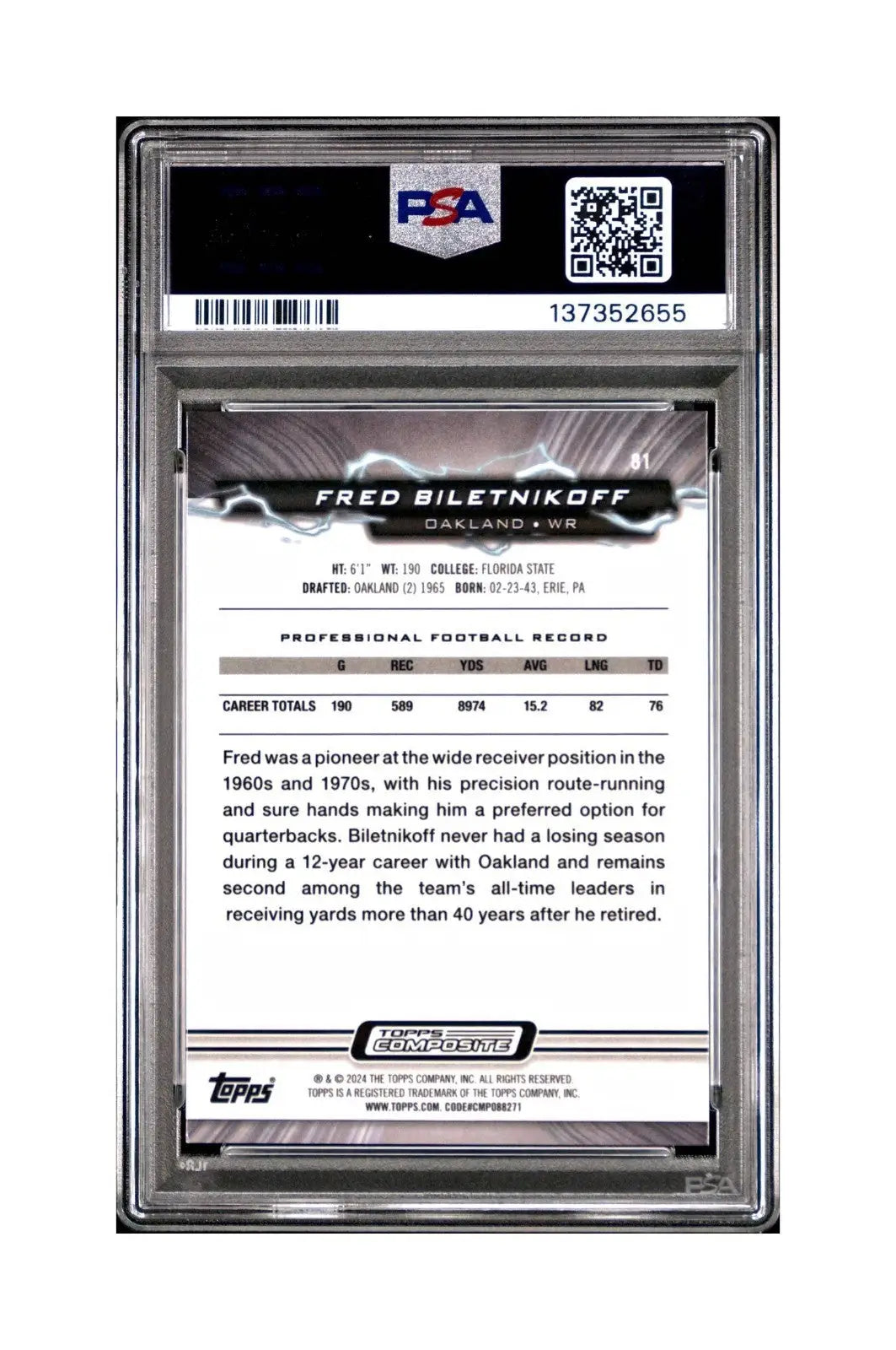 Fred Bilentnikoff 2023 Topps Resurgence 08/20 Lime Green Power Surge #81 PSA 10