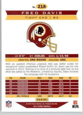 Fred Davis - 2013 Score - #218 - Football - Football Card Single