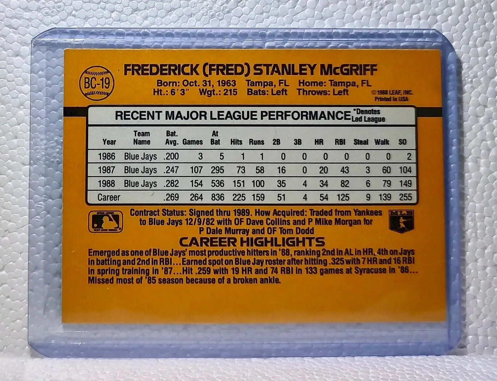 Fred McGriff 1989 Donruss MLB #BC-19 Baseball Card Toronto Blue Jays