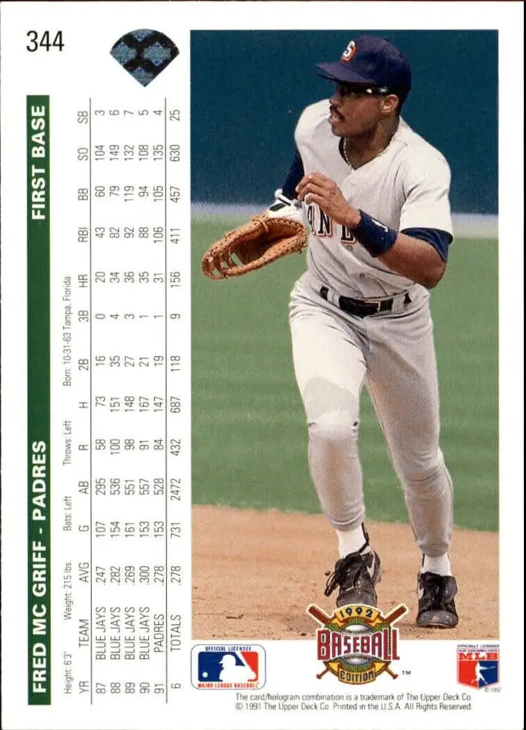 Fred McGriff 1992 Upper Deck MLB #344 Baseball Card San Diego Padres - Baseball Card Single