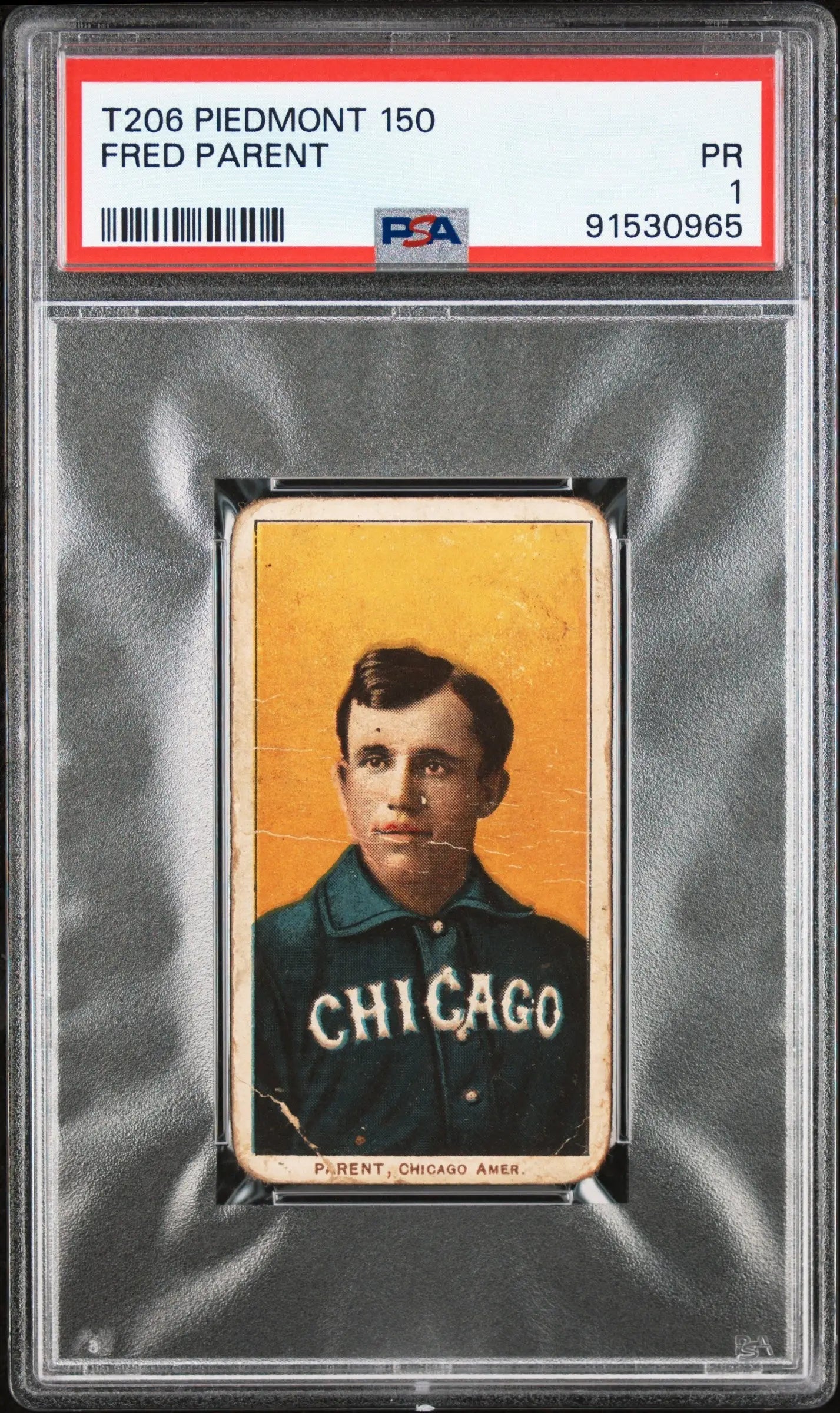 PSA-graded T206 baseball card of Fred Parent in dark Chicago uniform, orange background