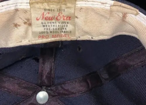 Vintage New Era baseball cap label from Freddie Patek’s California Angels signed hat