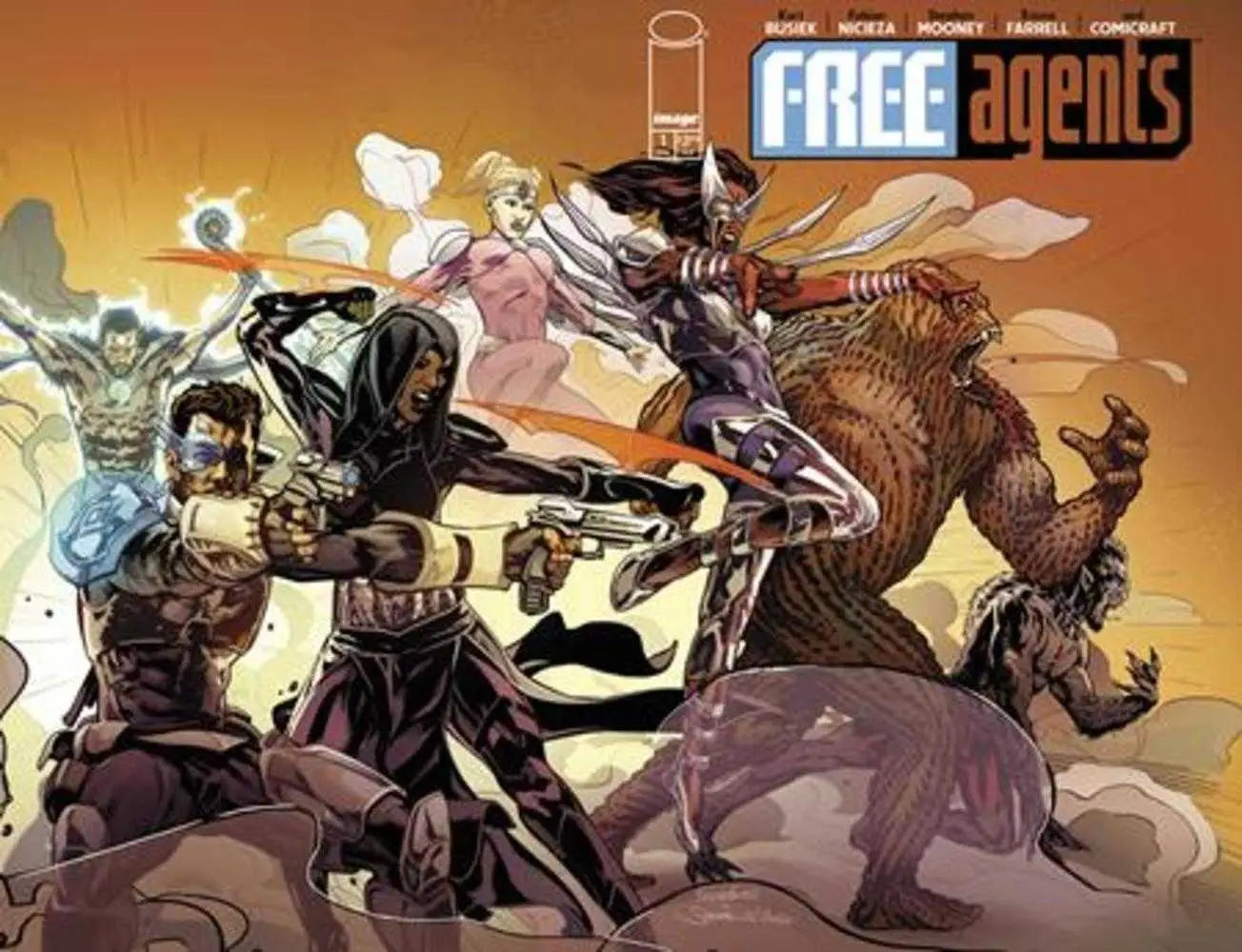 Comic book cover art of Free Agents by Stephen Mooney featuring superheroes vs monsters